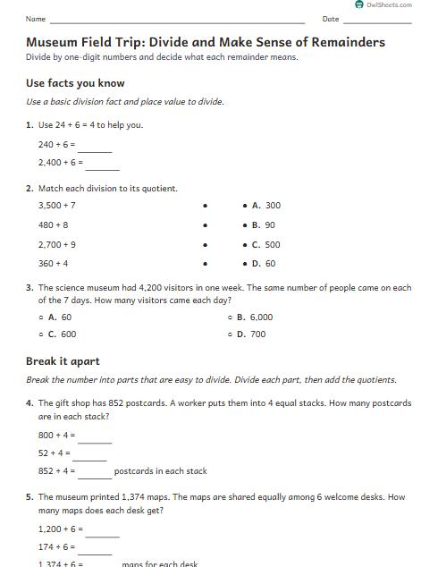 Museum Field Trip: Divide and Make Sense of Remainders worksheet preview