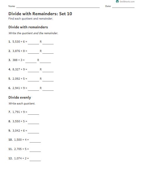 Divide with Remainders: Set 10 worksheet preview