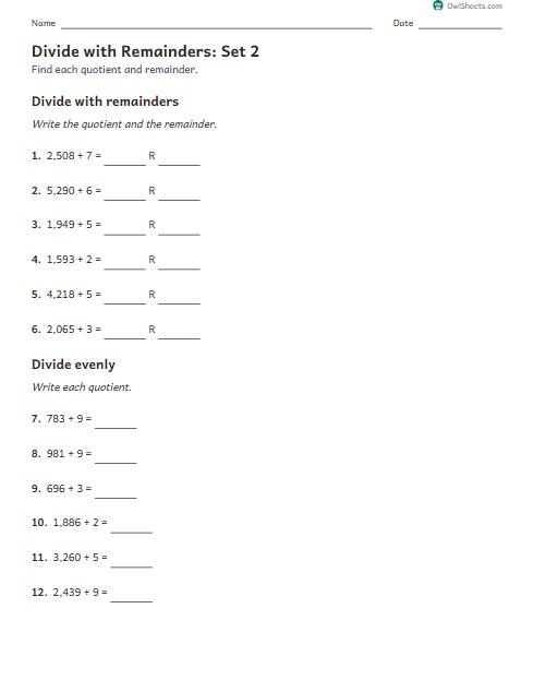 Divide with Remainders: Set 2 worksheet preview