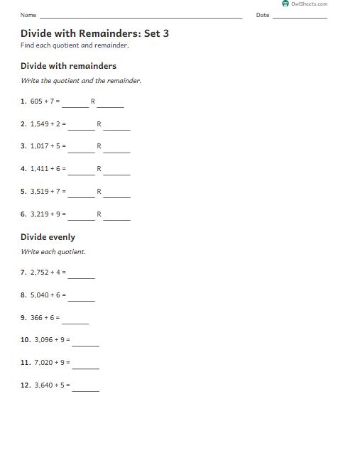Divide with Remainders: Set 3 worksheet preview