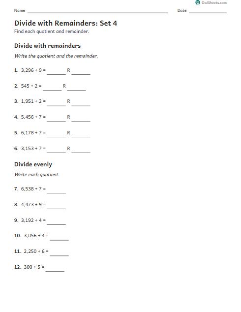 Divide with Remainders: Set 4 worksheet preview