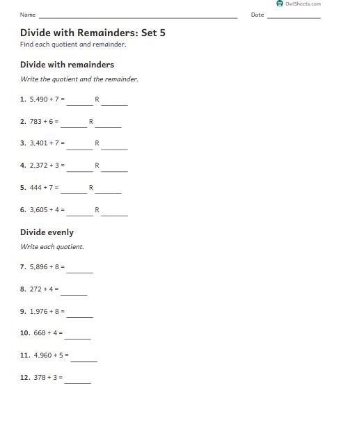 Divide with Remainders: Set 5 worksheet preview