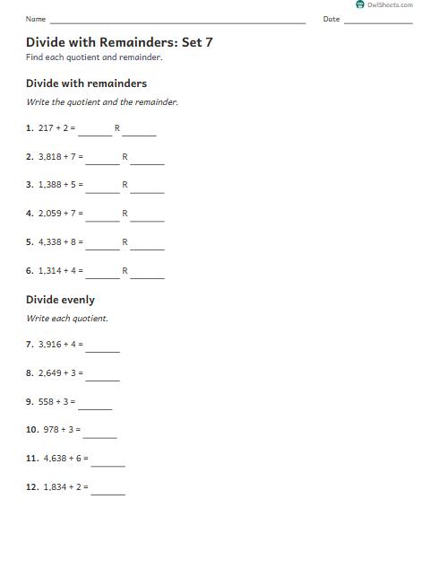 Divide with Remainders: Set 7 worksheet preview