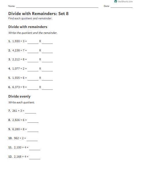 Divide with Remainders: Set 8 worksheet preview