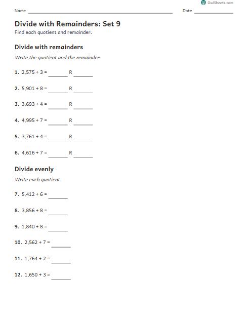 Divide with Remainders: Set 9 worksheet preview