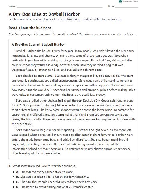 A Dry-Bag Idea at Baybell Harbor worksheet preview