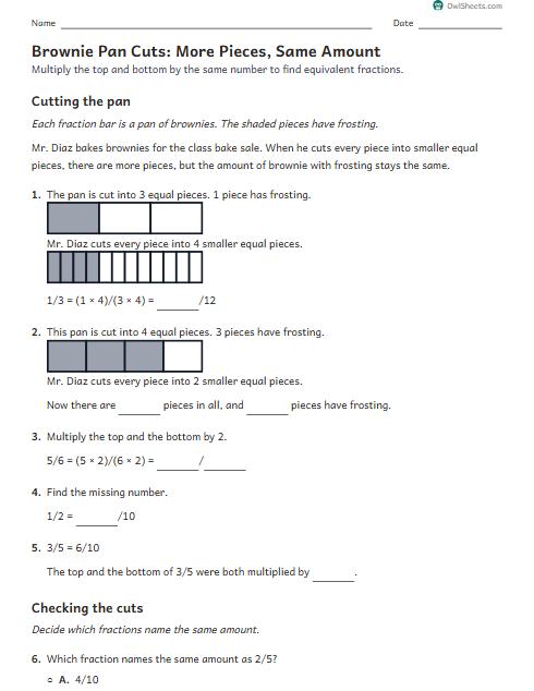 Brownie Pan Cuts: More Pieces, Same Amount worksheet preview