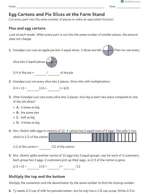 Egg Cartons and Pie Slices at the Farm Stand worksheet preview