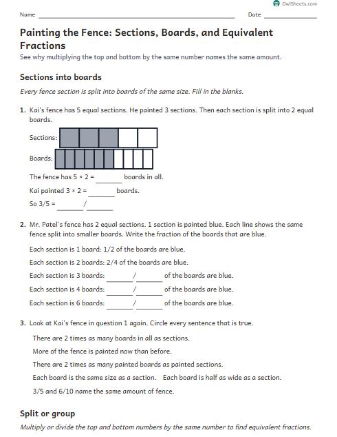 Painting the Fence: Sections, Boards, and Equivalent Fractions worksheet preview