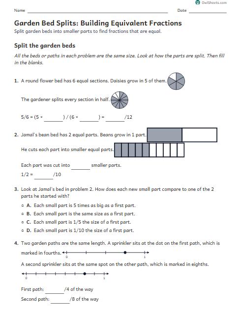 Garden Bed Splits: Building Equivalent Fractions worksheet preview