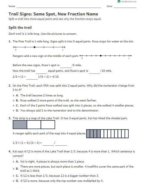 Trail Signs: Same Spot, New Fraction Name worksheet preview