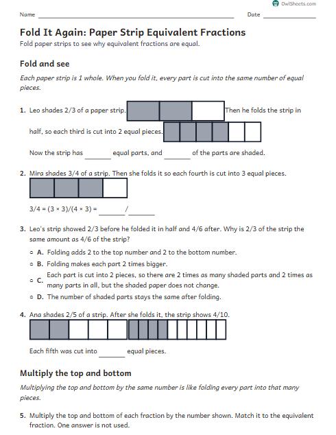 Fold It Again: Paper Strip Equivalent Fractions worksheet preview