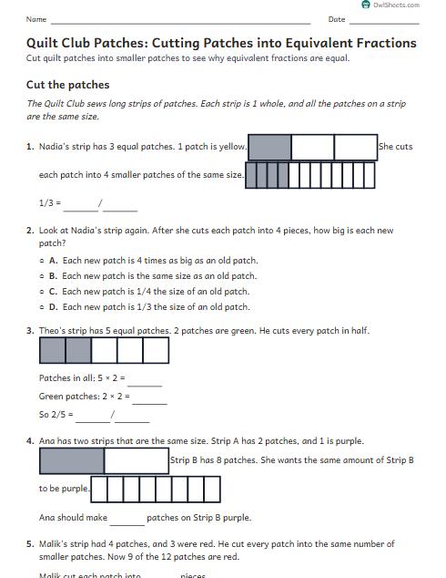 Quilt Club Patches: Cutting Patches into Equivalent Fractions worksheet preview