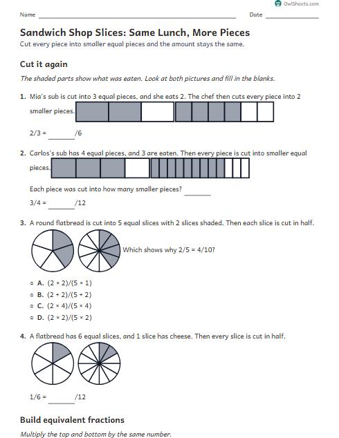 Sandwich Shop Slices: Same Lunch, More Pieces worksheet preview