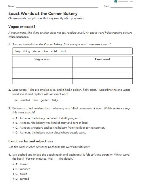 Exact Words at the Corner Bakery worksheet preview