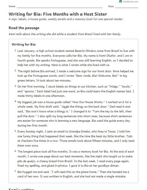 Writing for Bia: Five Months with a Host Sister worksheet preview