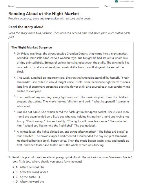 Reading Aloud at the Night Market worksheet preview