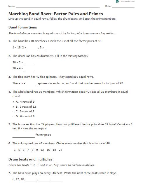 Marching Band Rows: Factor Pairs and Primes worksheet preview