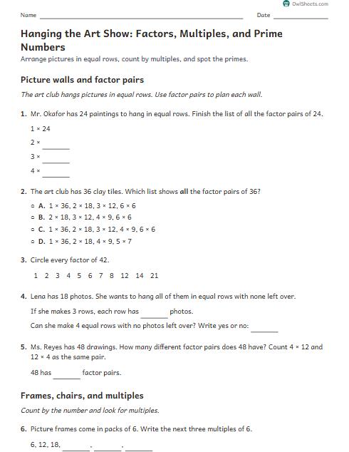 Hanging the Art Show: Factors, Multiples, and Prime Numbers worksheet preview