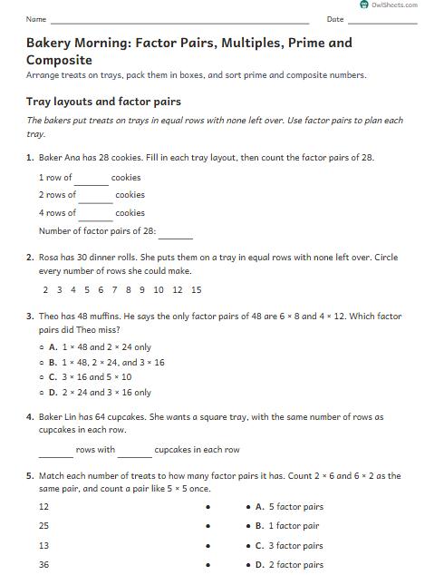 Bakery Morning: Factor Pairs, Multiples, Prime and Composite worksheet preview
