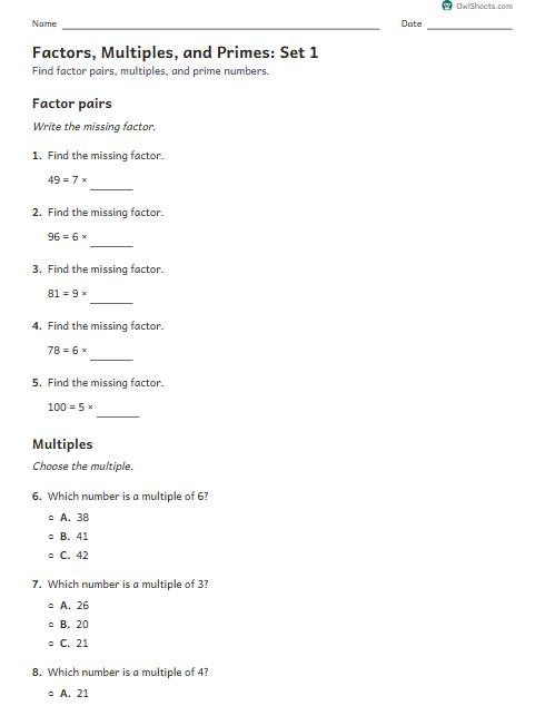 Factors, Multiples, and Primes: Set 1 worksheet preview