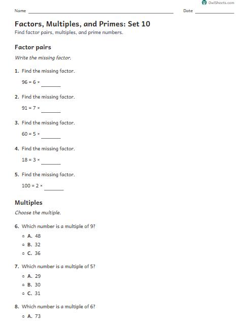 Factors, Multiples, and Primes: Set 10 worksheet preview