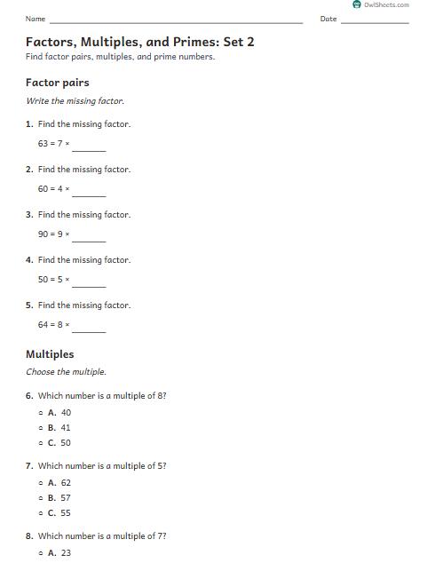 Factors, Multiples, and Primes: Set 2 worksheet preview