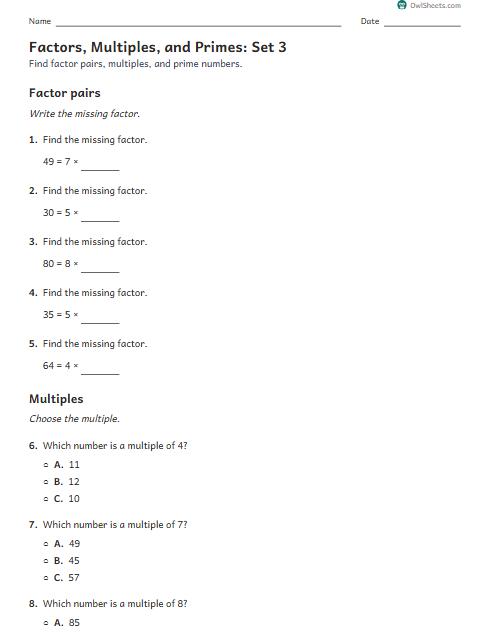 Factors, Multiples, and Primes: Set 3 worksheet preview