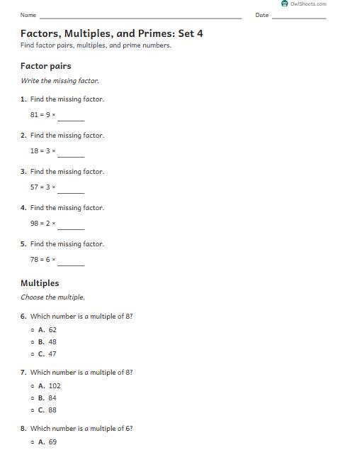 Factors, Multiples, and Primes: Set 4 worksheet preview