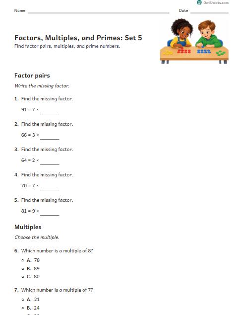 Factors, Multiples, and Primes: Set 5 worksheet preview