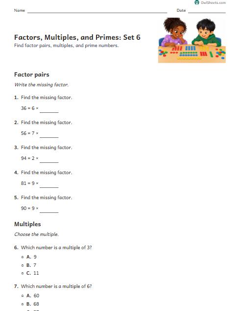 Factors, Multiples, and Primes: Set 6 worksheet preview