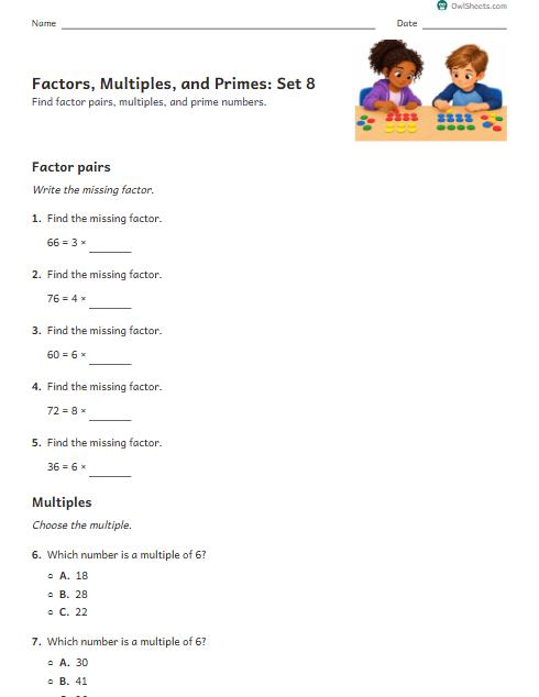 Factors, Multiples, and Primes: Set 8 worksheet preview