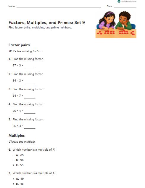 Factors, Multiples, and Primes: Set 9 worksheet preview