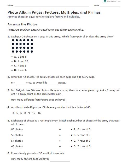 Photo Album Pages: Factors, Multiples, and Primes worksheet preview