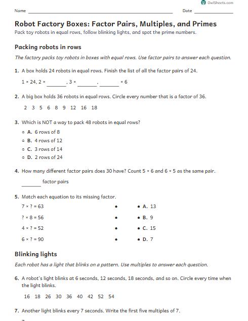 Robot Factory Boxes: Factor Pairs, Multiples, and Primes worksheet preview