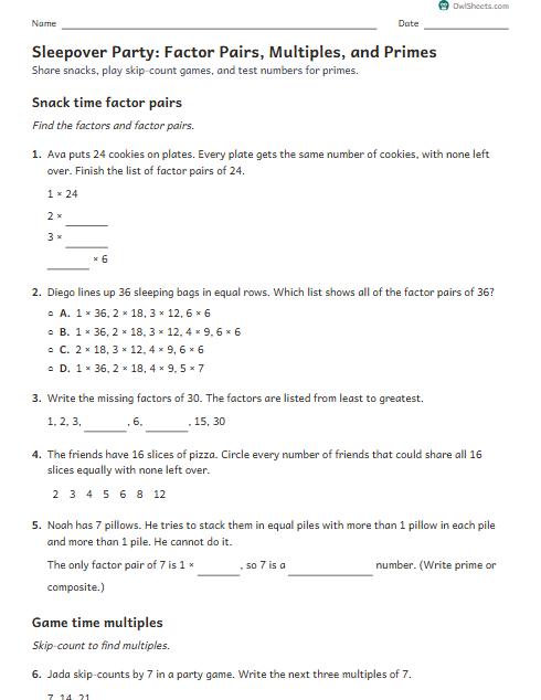 Sleepover Party: Factor Pairs, Multiples, and Primes worksheet preview