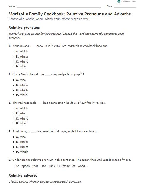 Marisol's Family Cookbook: Relative Pronouns and Adverbs worksheet preview