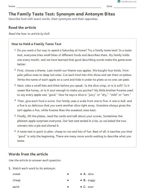 The Family Taste Test: Synonym and Antonym Bites worksheet preview