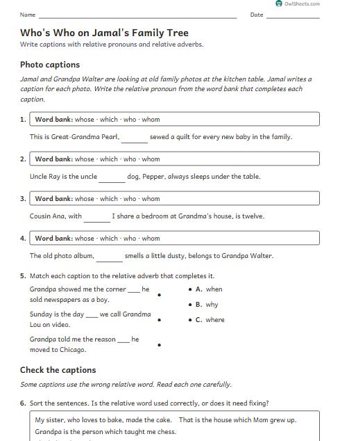Who's Who on Jamal's Family Tree worksheet preview