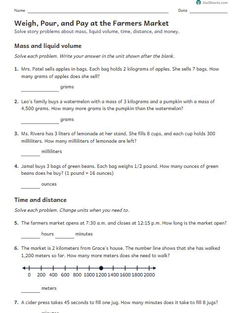 Weigh, Pour, and Pay at the Farmers Market worksheet preview