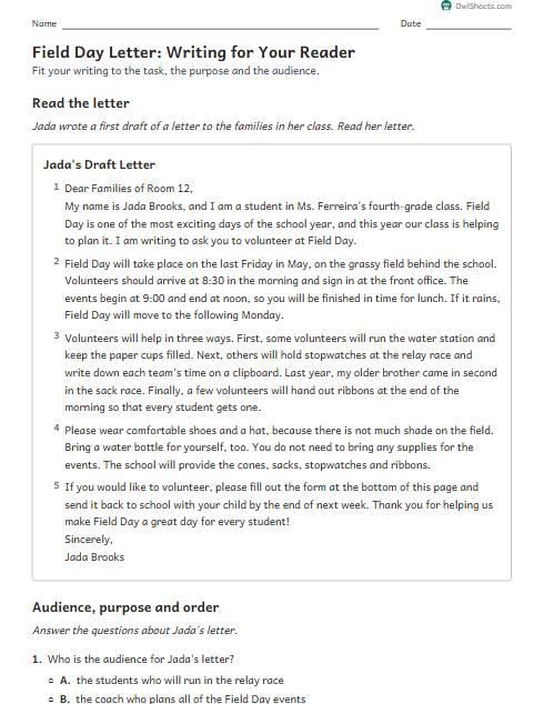 Field Day Letter: Writing for Your Reader worksheet preview