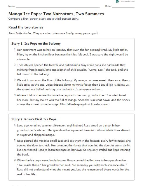 Mango Ice Pops: Two Narrators, Two Summers worksheet preview