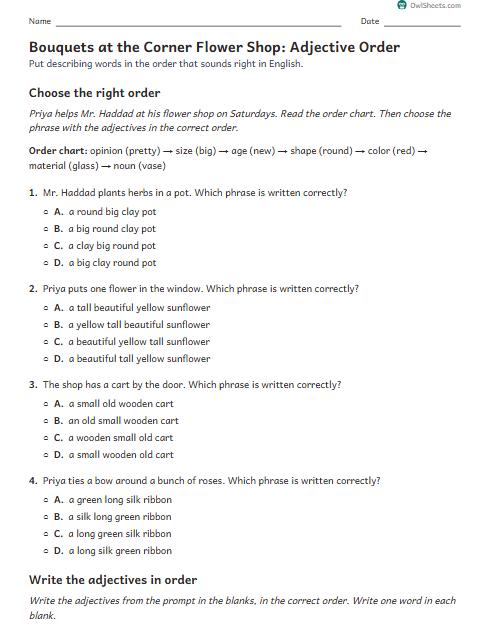 Bouquets at the Corner Flower Shop: Adjective Order worksheet preview