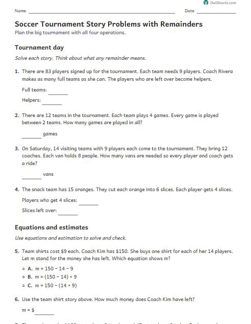 Soccer Tournament Story Problems with Remainders worksheet preview