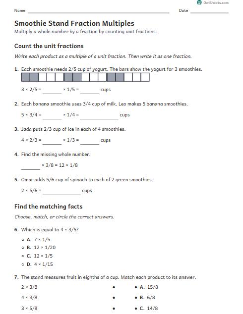 Smoothie Stand Fraction Multiples worksheet preview