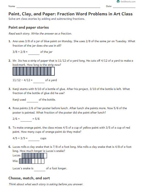 Paint, Clay, and Paper: Fraction Word Problems in Art Class worksheet preview