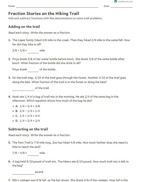 Fraction Stories on the Hiking Trail worksheet preview