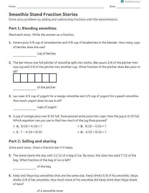 Smoothie Stand Fraction Stories worksheet preview