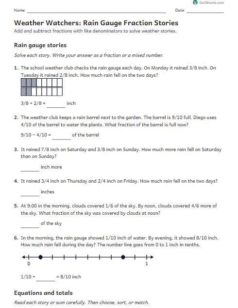 Weather Watchers: Rain Gauge Fraction Stories worksheet preview