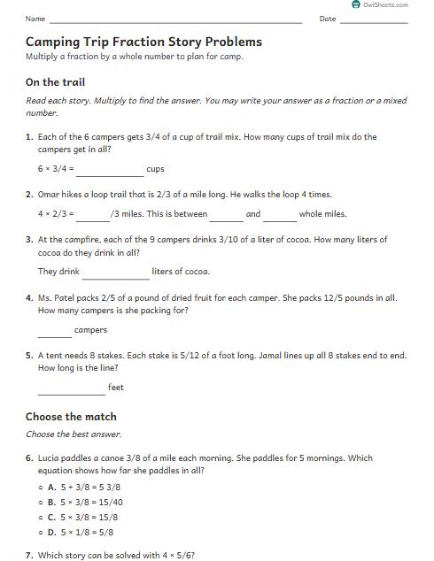 Camping Trip Fraction Story Problems worksheet preview